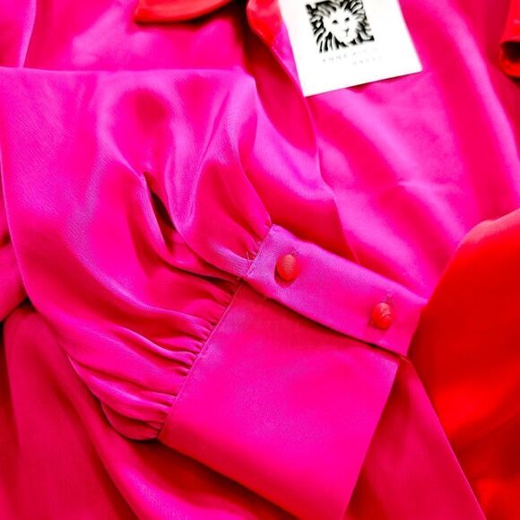 NWT Anne Klein Long-Sleeve Collared Color-Block Satin Faux-Wrap Midi Dress 6 - Picture 10 of 10